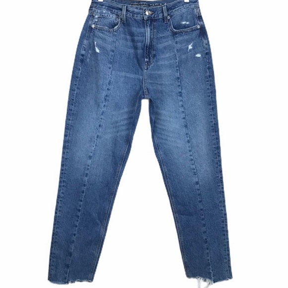 AEO American Eagle Front Seam Distressed High Waisted Mom Jeans Raw Step Hem - Picture 1 of 11